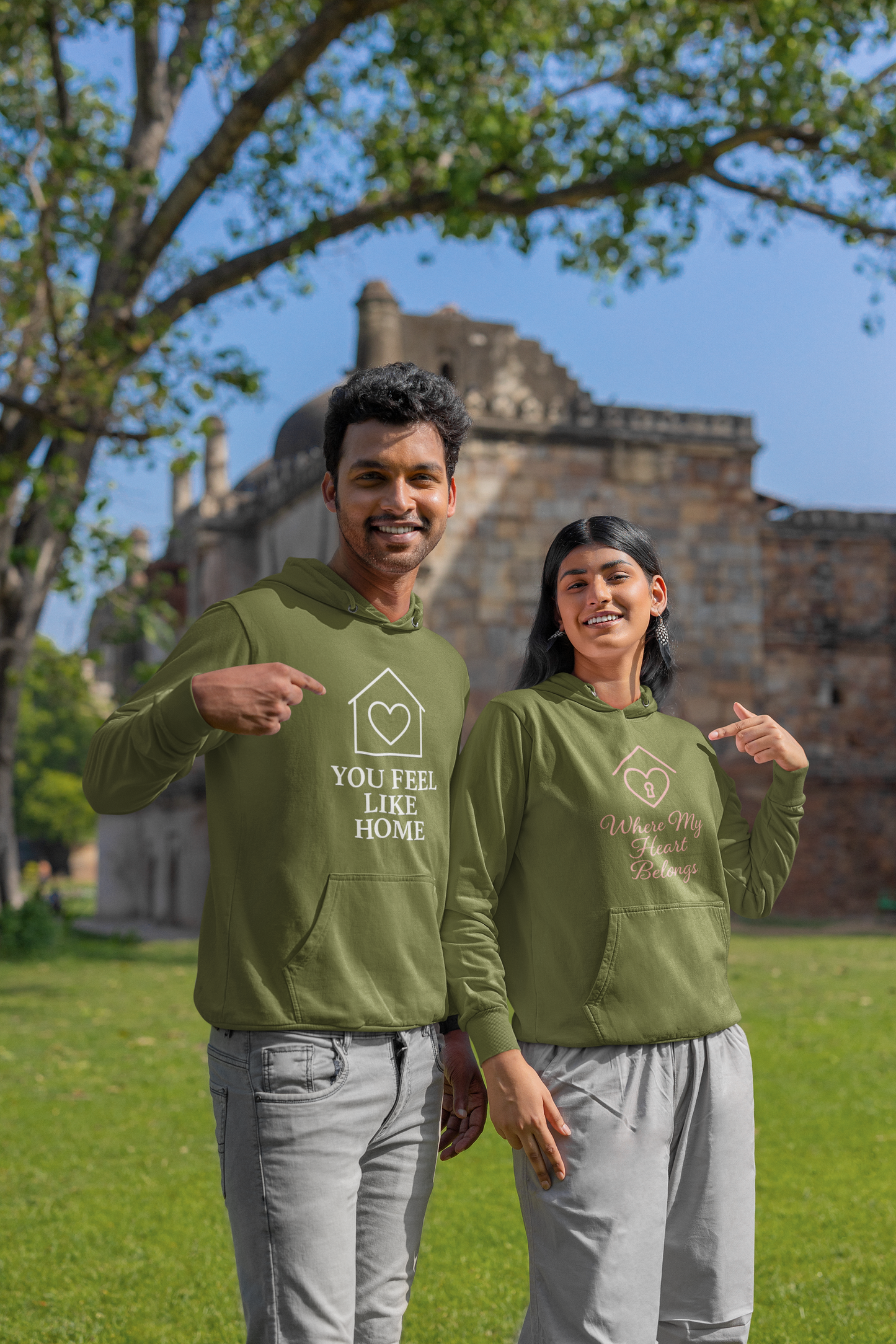 AYIRRA Couple Hoodie Set – "You Feel Like Home" & "Where My Heart Belongs" (Olive Green)