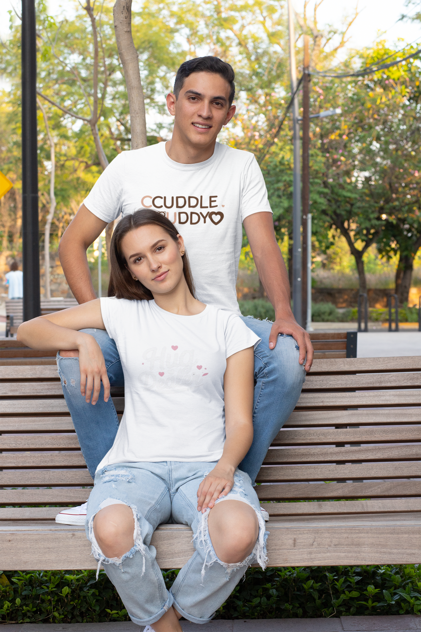 Cuddle Buddy & Hug Dealer β Cosy Matching White Couple T-Shirt Set | AYIRRA