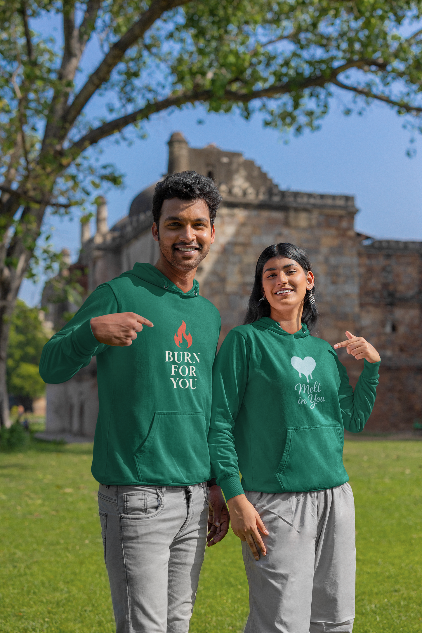 AYIRRA Couple Hoodie Set – "Burn for You" & "Melt in You" (Bottle Green)