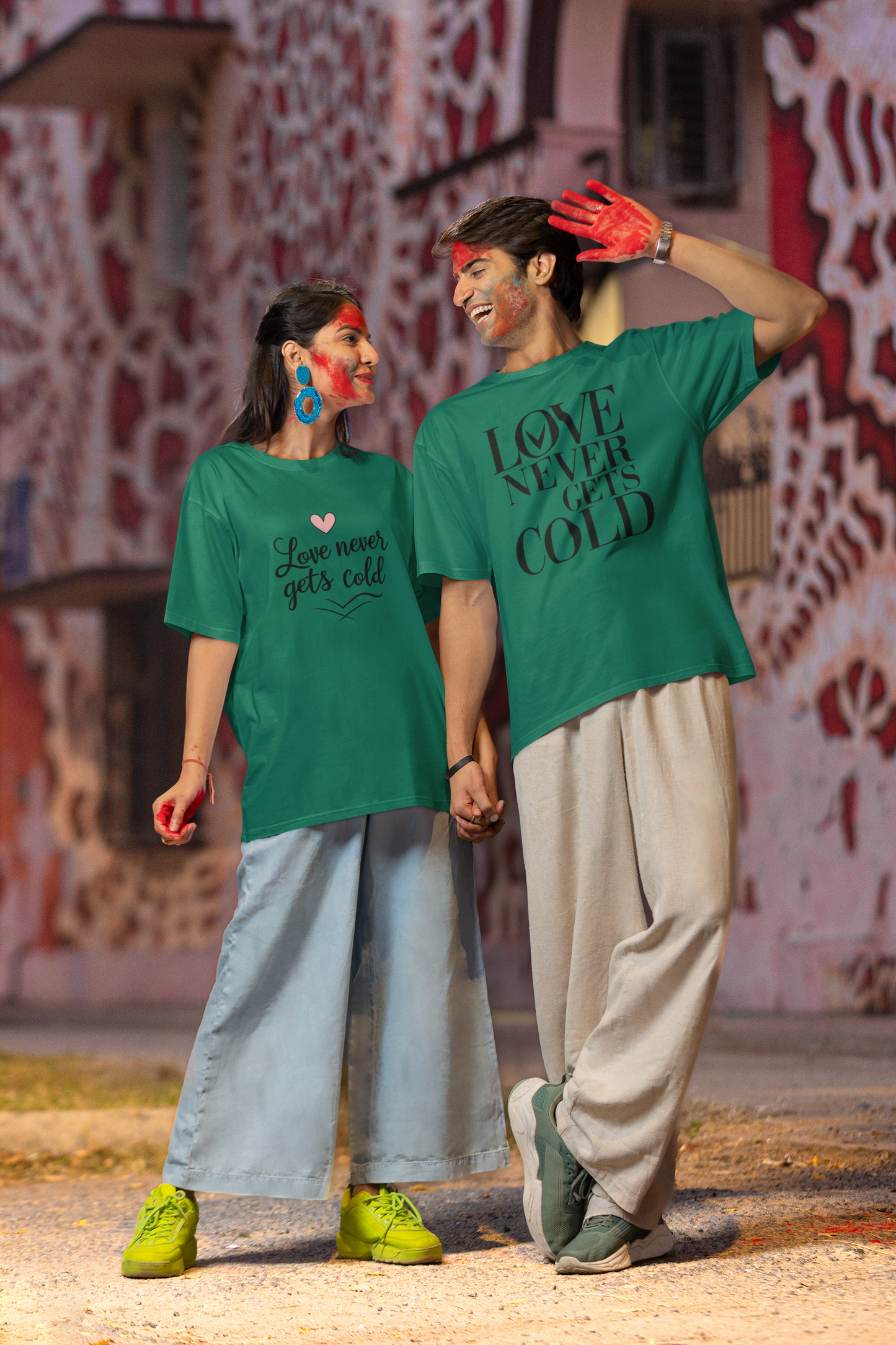 Love Never Gets Cold – Minimal Matching Bottle Green Couple T-Shirt Set | AYIRRA