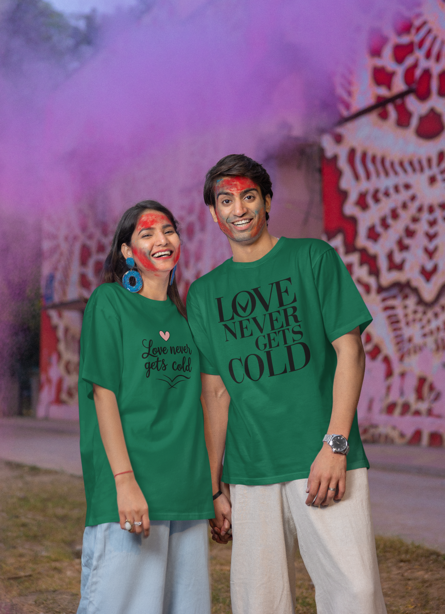 Love Never Gets Cold – Minimal Matching Bottle Green Couple T-Shirt Set | AYIRRA