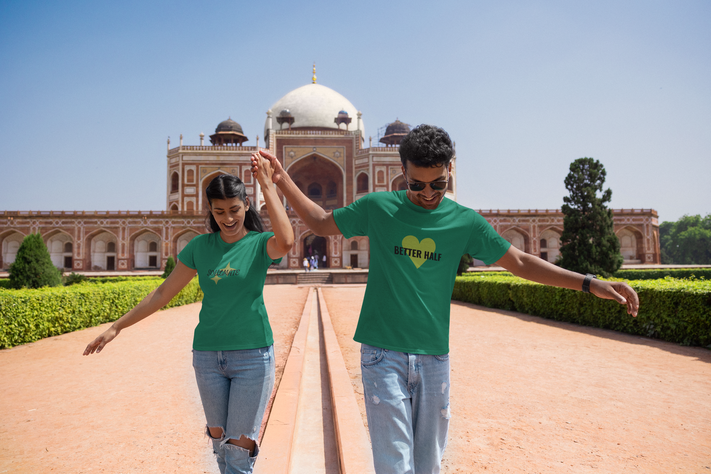 Better Half & Soulmate Bottle Green Couple T-Shirt Set β Classy Matching Tees for Couples | AYIRRA