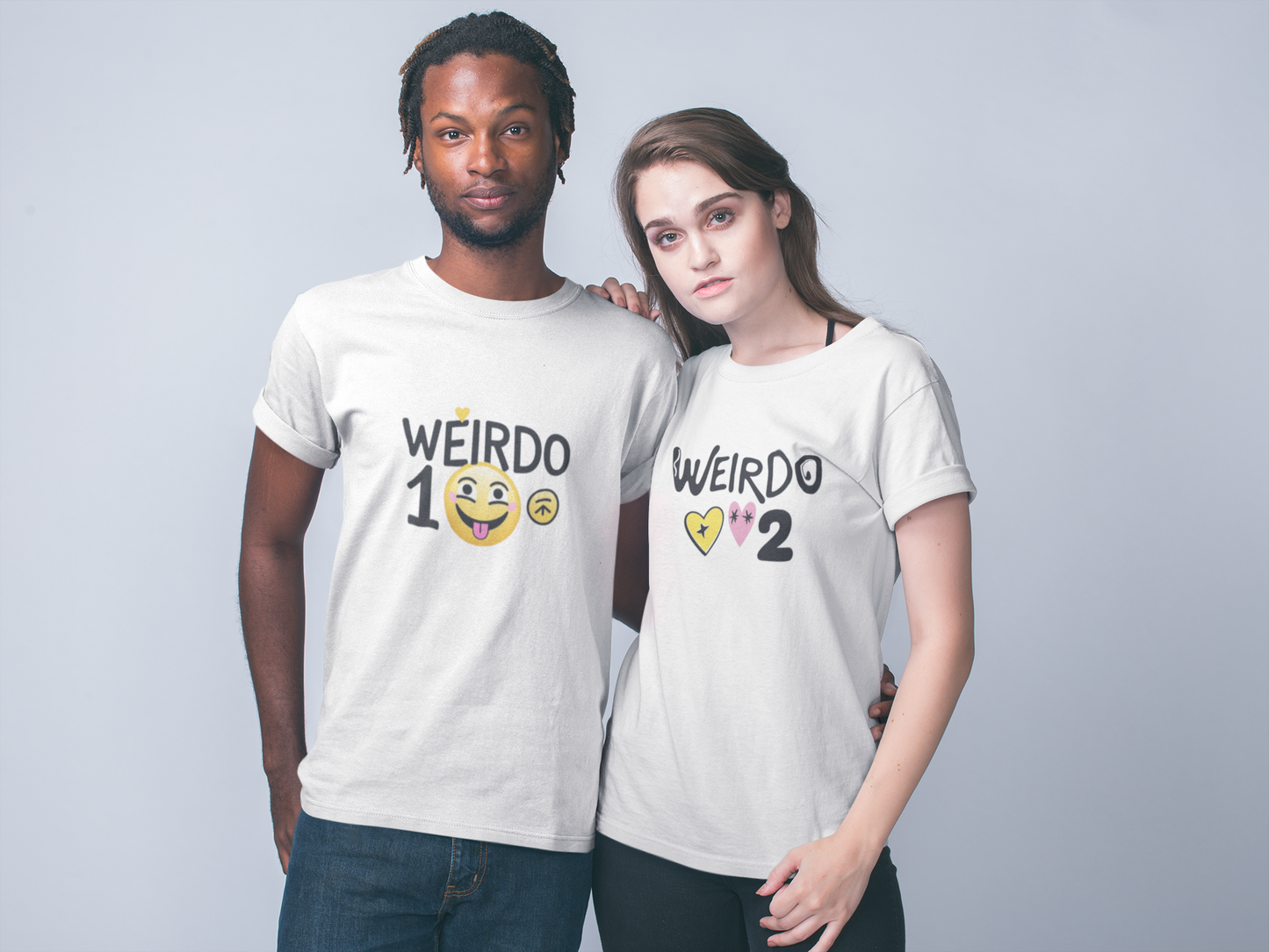 Weirdo 1 & Weirdo 2 – Quirky Matching White Couple T-Shirt Set | AYIRRA