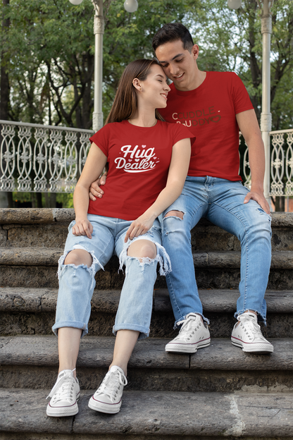 Cuddle Buddy & Hug Dealer – Cozy Matching Maroon Couple T-Shirt Set | AYIRRA