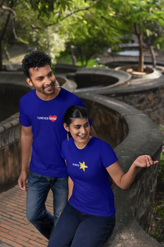 Forever Mine & Always Yours – Elegant Matching Navy Blue Couple T-Shirt Set | AYIRRA