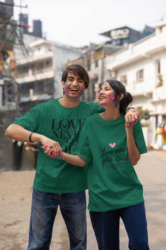 Love Never Gets Cold – Minimal Matching Bottle Green Couple T-Shirt Set | AYIRRA