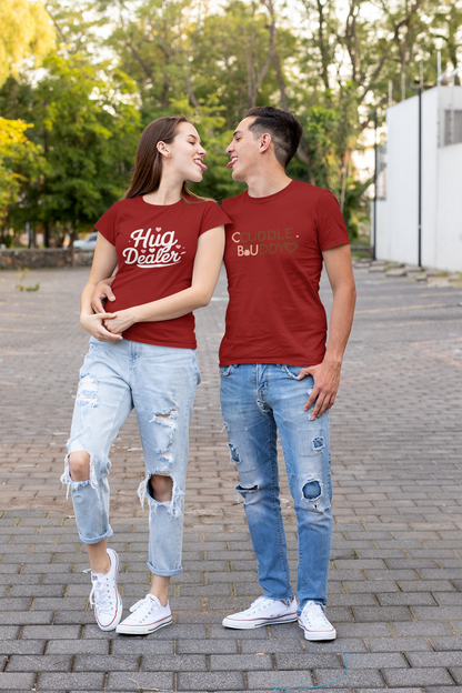 Cuddle Buddy & Hug Dealer – Cozy Matching Maroon Couple T-Shirt Set | AYIRRA