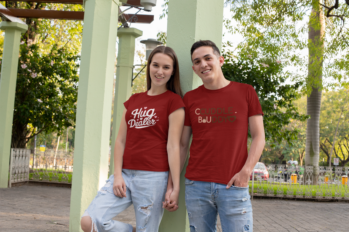 Cuddle Buddy & Hug Dealer – Cozy Matching Maroon Couple T-Shirt Set | AYIRRA