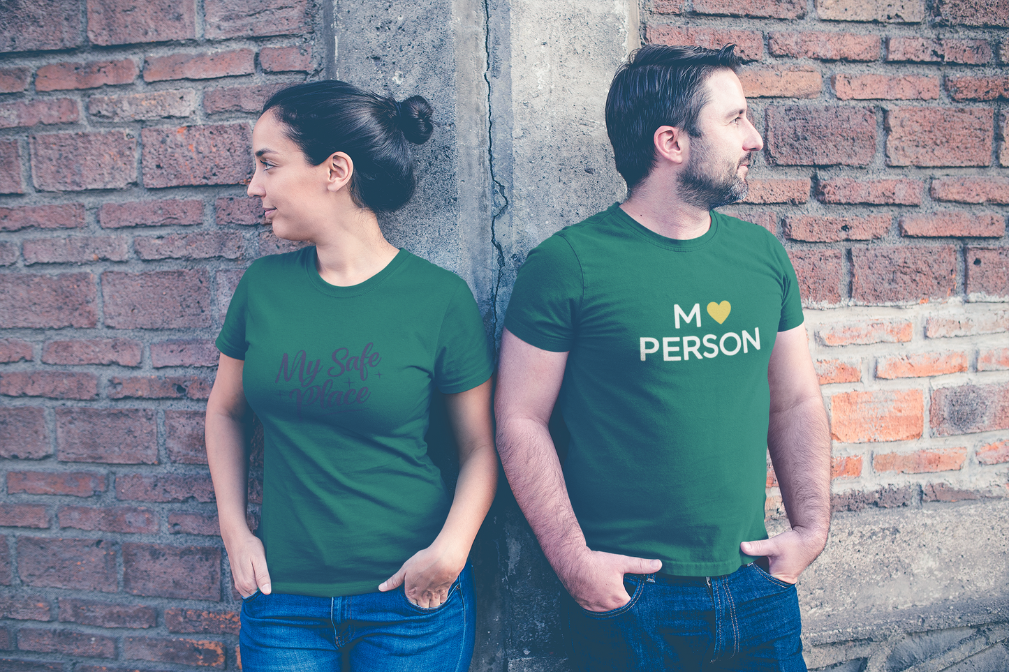 My Person & My Safe Place – Minimalist Matching Bottle Green Couple T-Shirt Set | AYIRRA