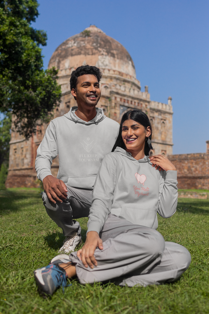 AYIRRA Couple Hoodie Set – "I’ll Keep You Warm" & "You Melt My Heart" (Grey Melange)