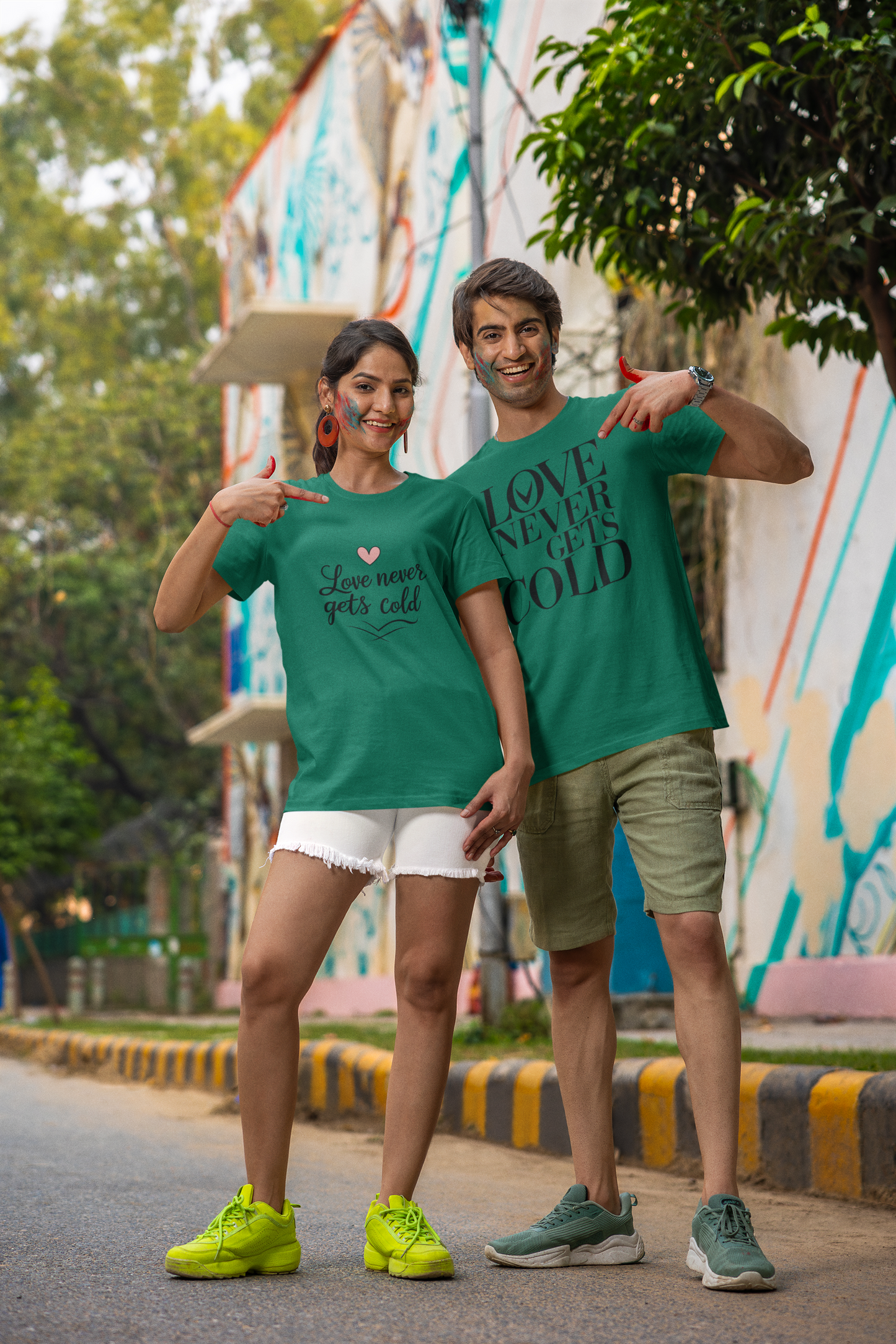 Love Never Gets Cold – Minimal Matching Bottle Green Couple T-Shirt Set | AYIRRA