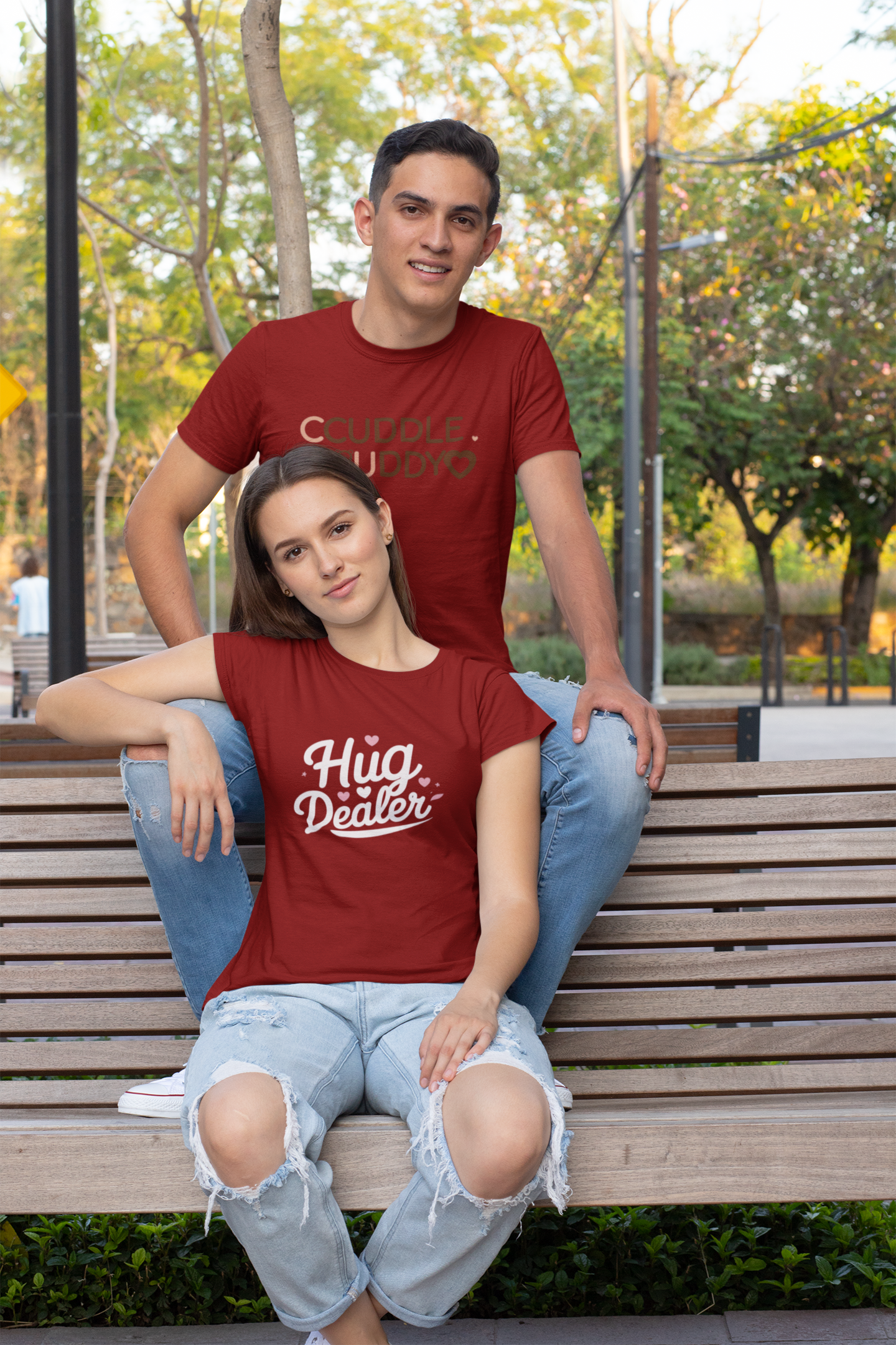 Cuddle Buddy & Hug Dealer – Cozy Matching Maroon Couple T-Shirt Set | AYIRRA