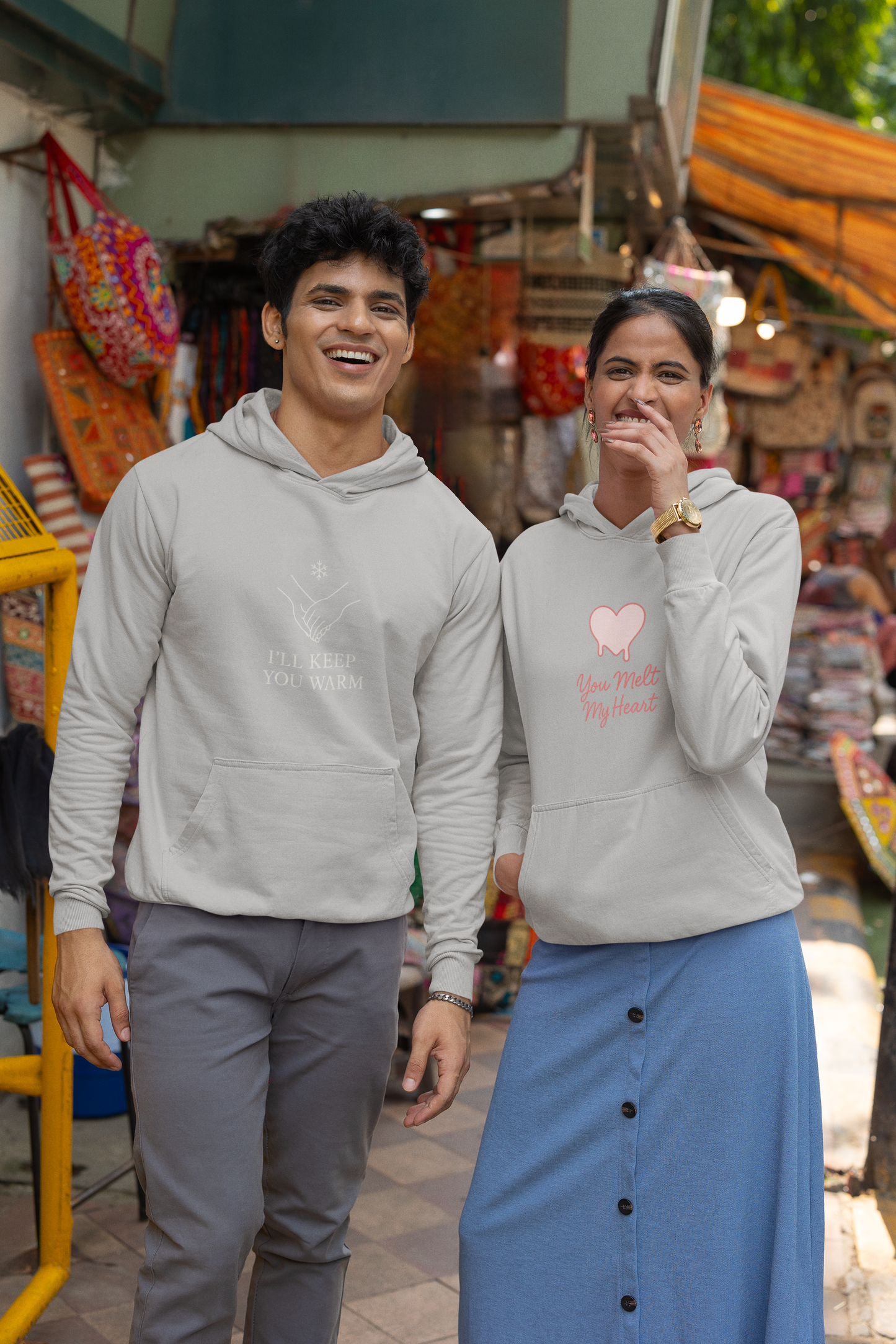 AYIRRA Couple Hoodie Set – "I’ll Keep You Warm" & "You Melt My Heart" (Grey Melange)