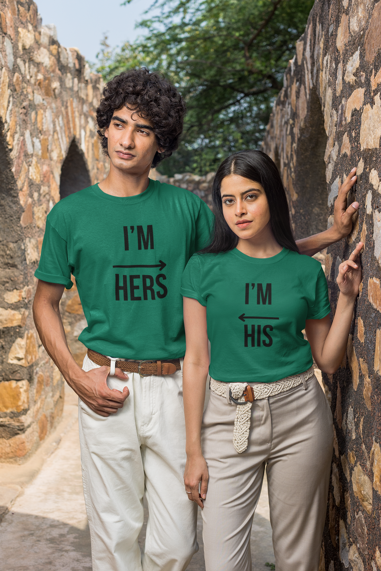 His & Hers Bottle Green Couple T-Shirt Set – Minimal Matching Tees for Romantic Soulmates | AYIRRA