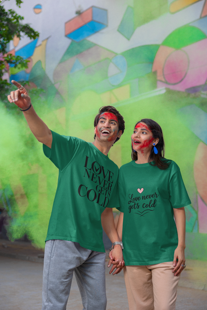 Love Never Gets Cold – Minimal Matching Bottle Green Couple T-Shirt Set | AYIRRA