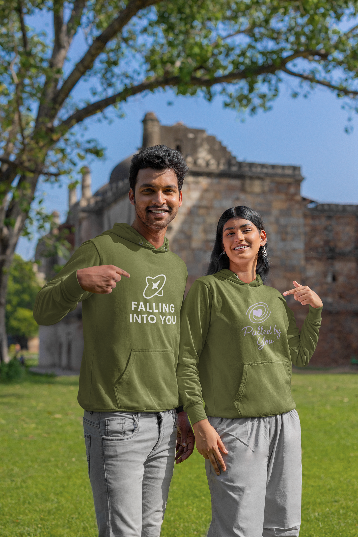 AYIRRA Couple Hoodie Set – "Falling into You" & "Pulled by You" (Olive Green)