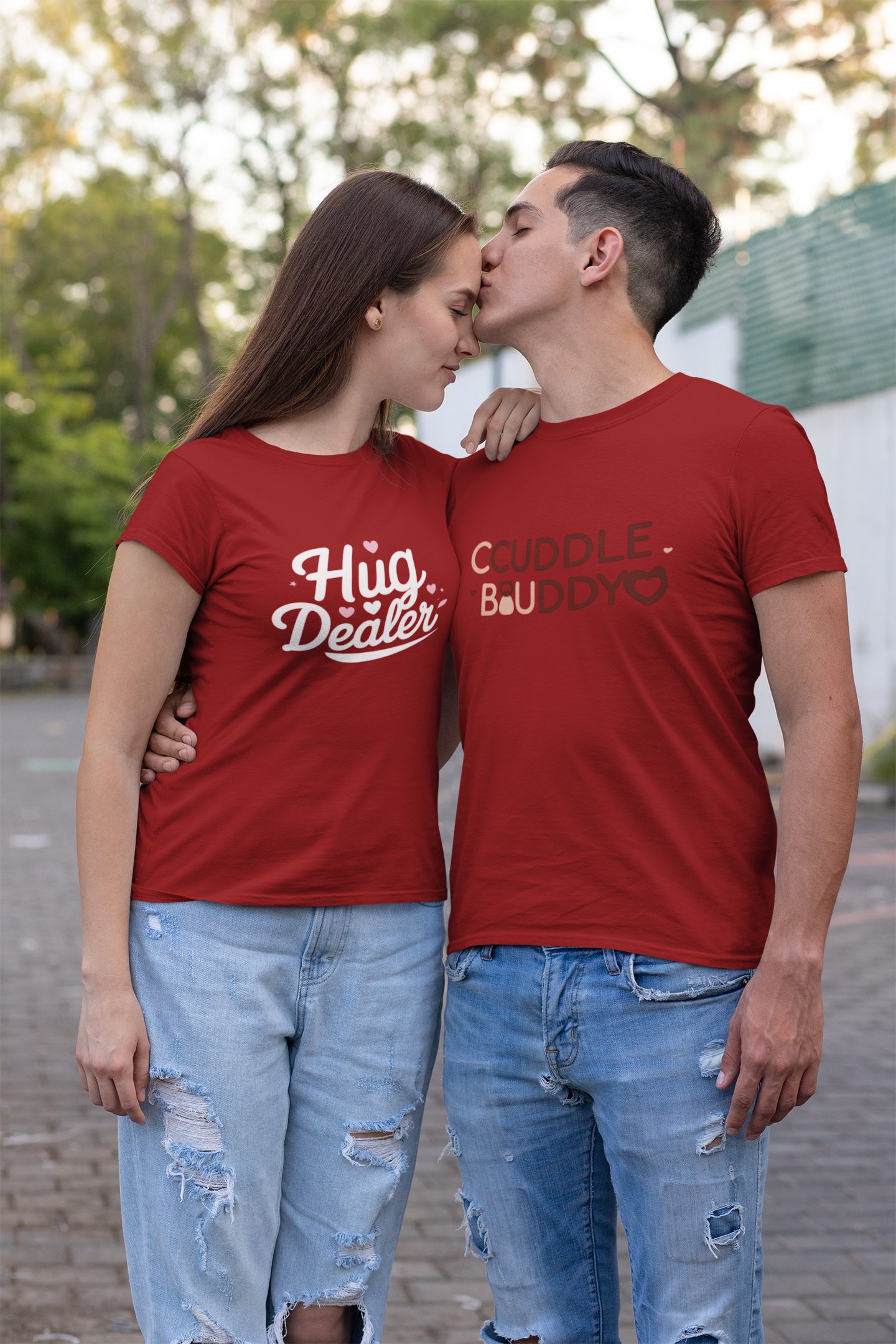 Cuddle Buddy & Hug Dealer – Cozy Matching Maroon Couple T-Shirt Set | AYIRRA