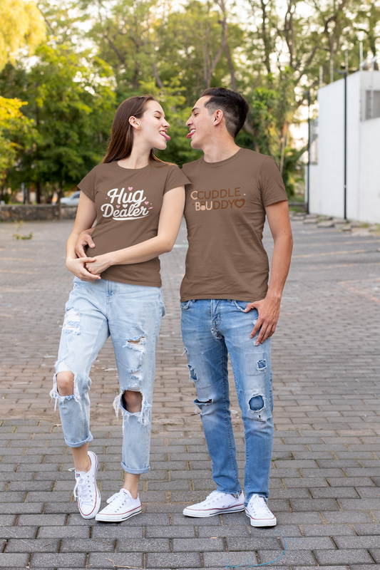 Cuddle Buddy & Hug Dealer – Cozy Matching Coffee Brown Couple T-Shirt Set | AYIRRA