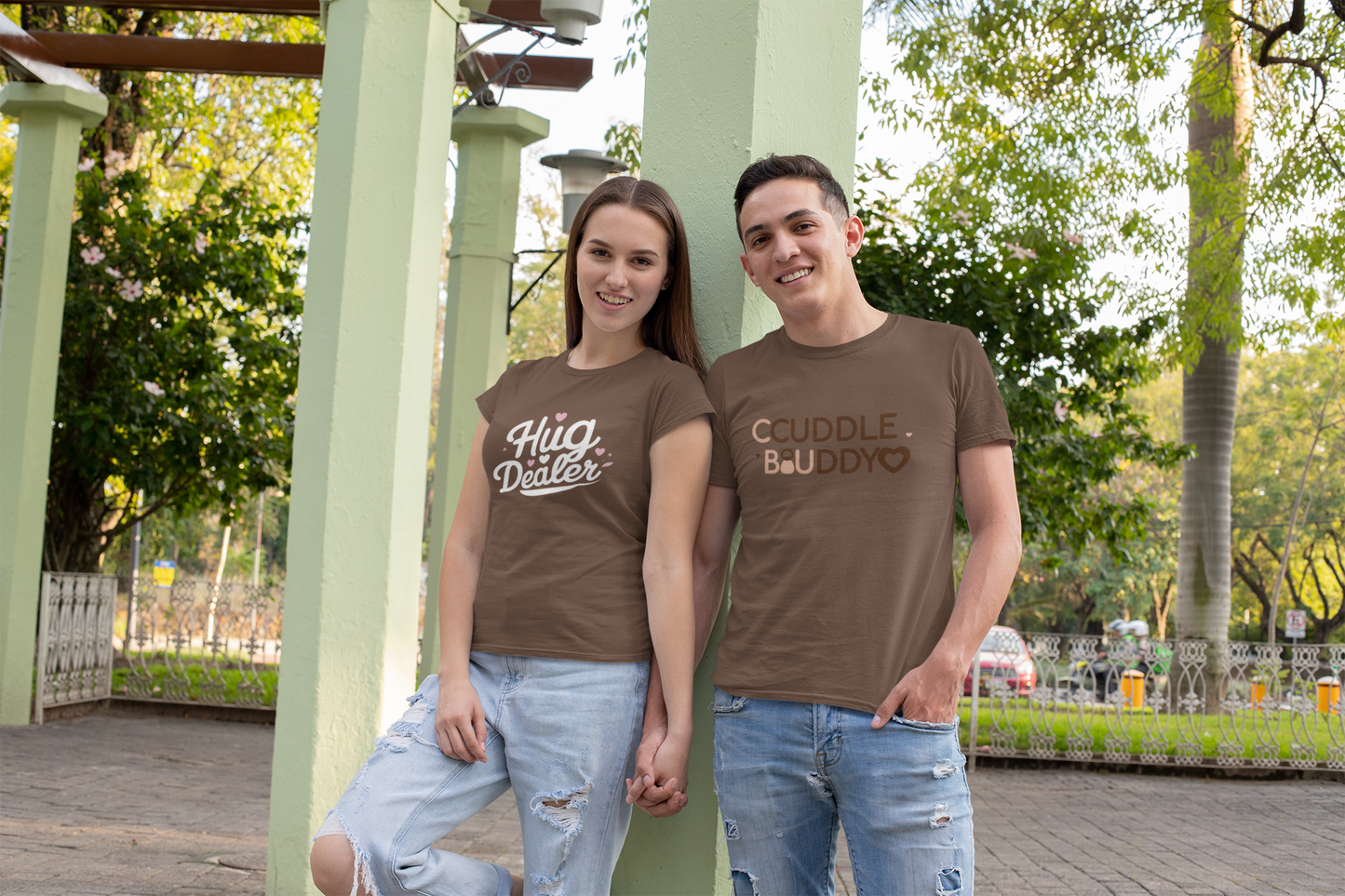 Cuddle Buddy & Hug Dealer – Cozy Matching Coffee Brown Couple T-Shirt Set | AYIRRA