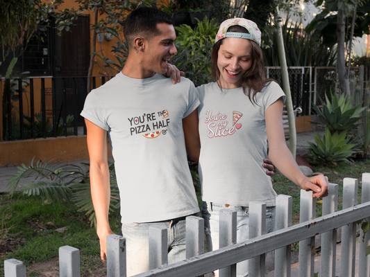 You’re My Slice & You’re the Pizza Half – Funny Matching Grey Melange Couple T-Shirt Set | AYIRRA