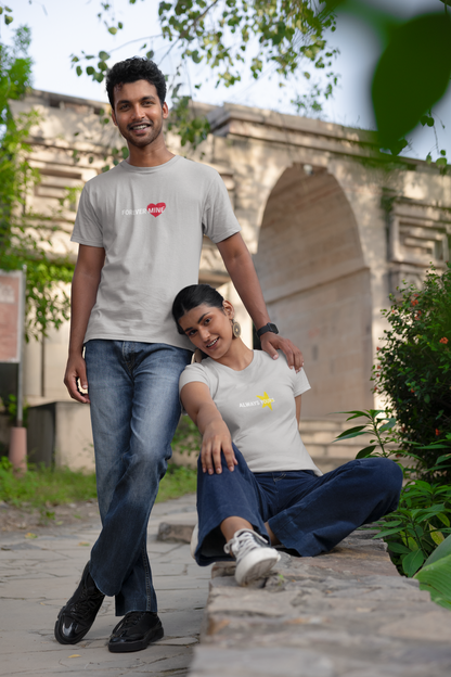 Forever Mine & Always Yours – Elegant Matching Grey Melange Couple T-Shirt Set | AYIRRA