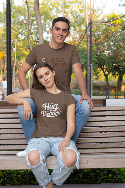Cuddle Buddy & Hug Dealer – Cozy Matching Coffee Brown Couple T-Shirt Set | AYIRRA
