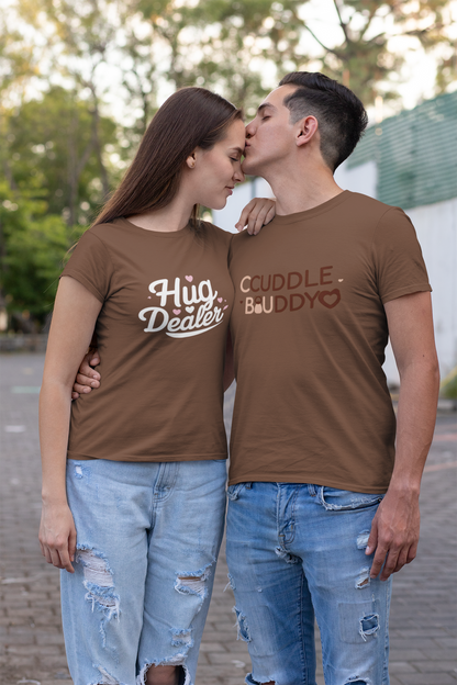 Cuddle Buddy & Hug Dealer – Cozy Matching Coffee Brown Couple T-Shirt Set | AYIRRA